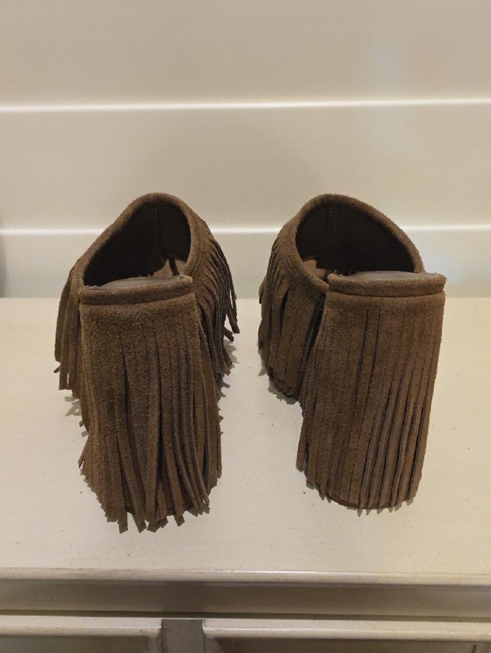 New Brown Suede Fringe Platform Mules - Picture 6 of 6